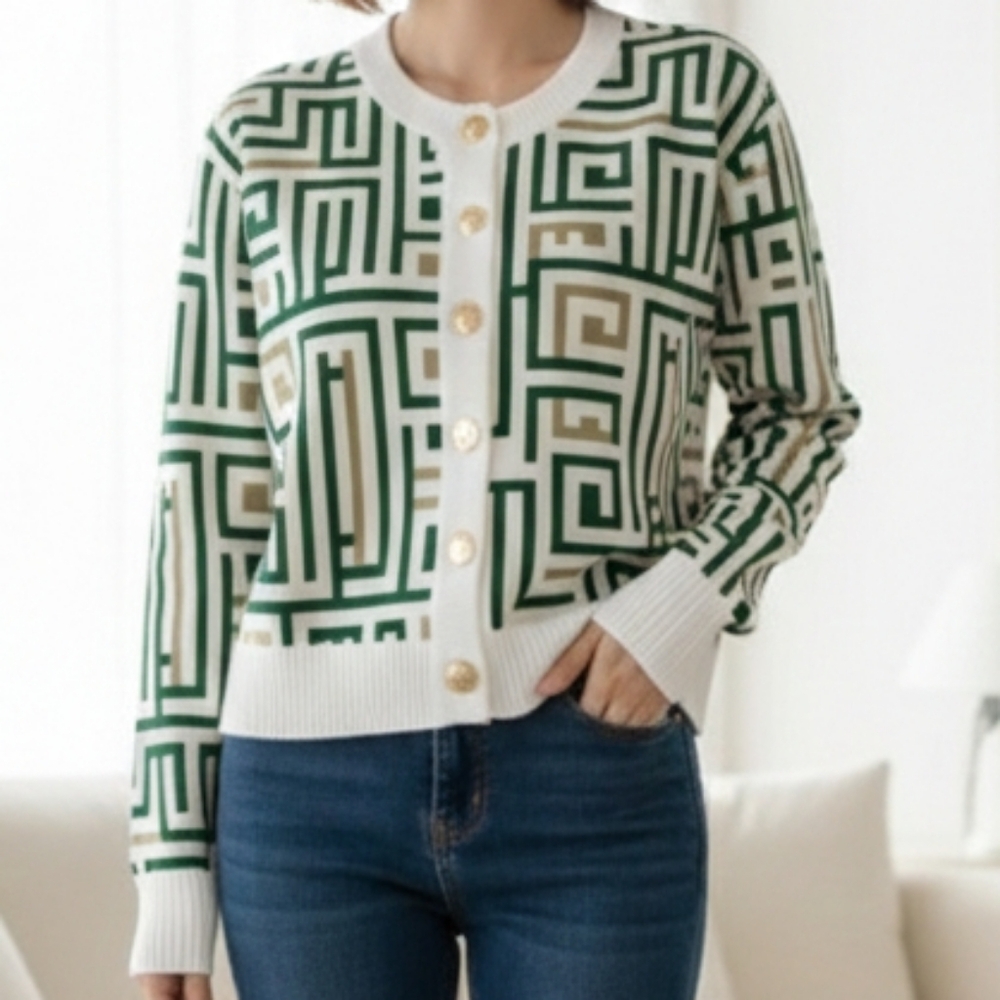 Geometric Pattern Cardigan with Gold Buttons